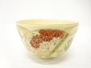 京焼　橋本城岳造　金彩色絵　扇面流し　茶碗